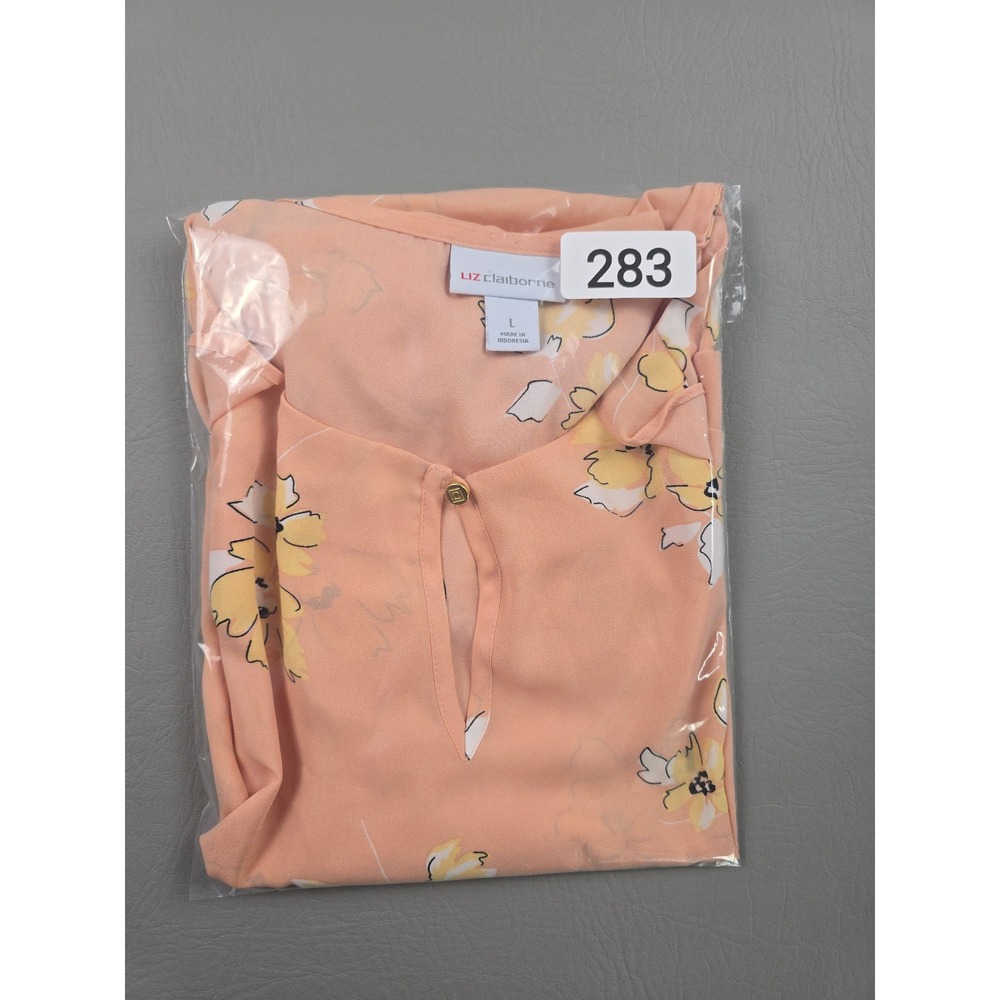 Liz Claiborne Peach Floral Ruffle Flutter Sleeve Keyhole Blouse Large - Picture 7 of 7